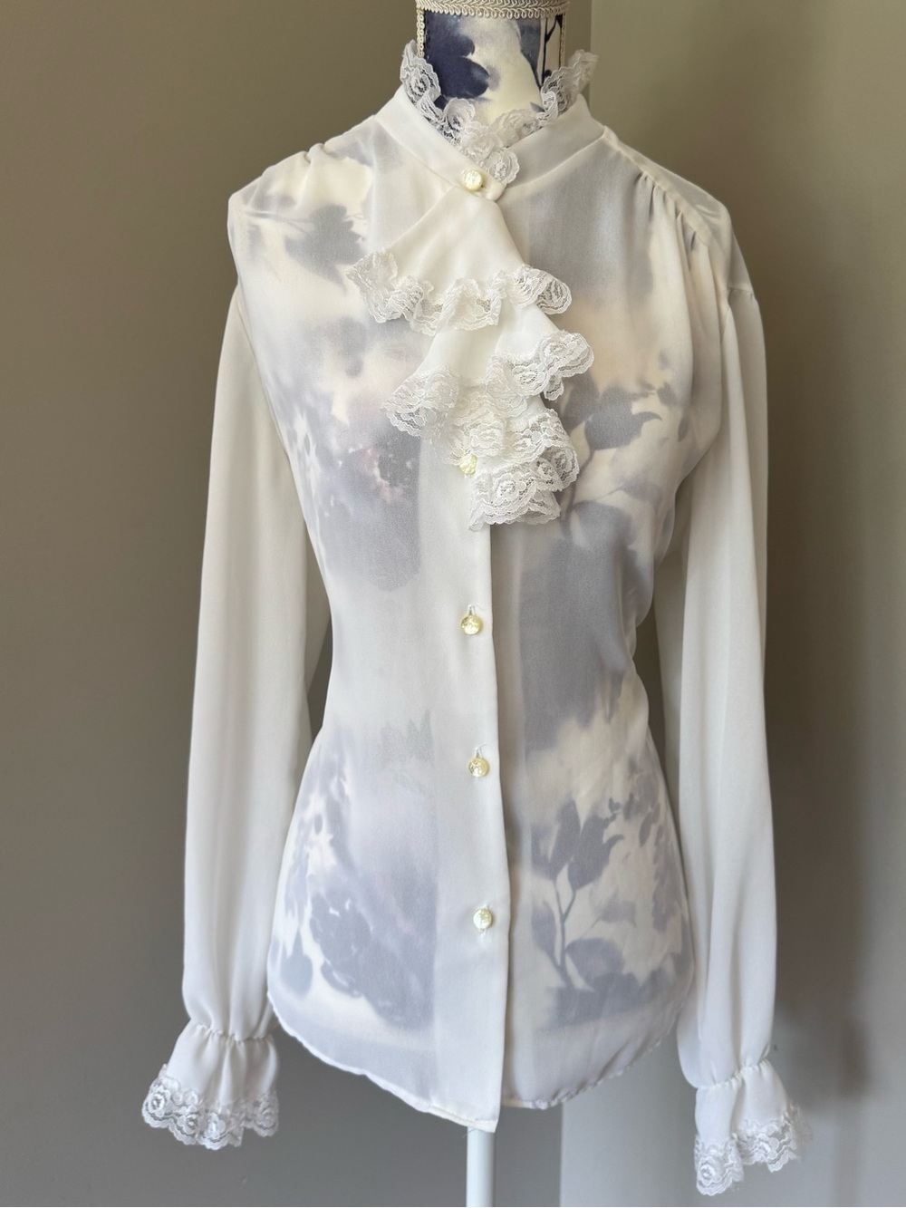 Vintage Victorian Sheer White Lace Ruffle Button-Up Blouse
